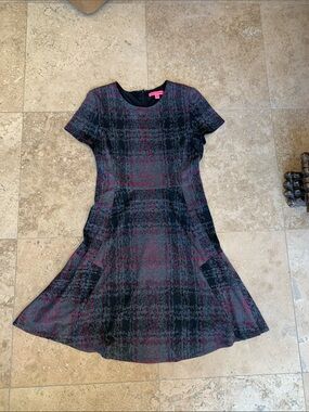 Betsey Johnson Black and Pink Plaid Fit-and-Flare Mini Dress